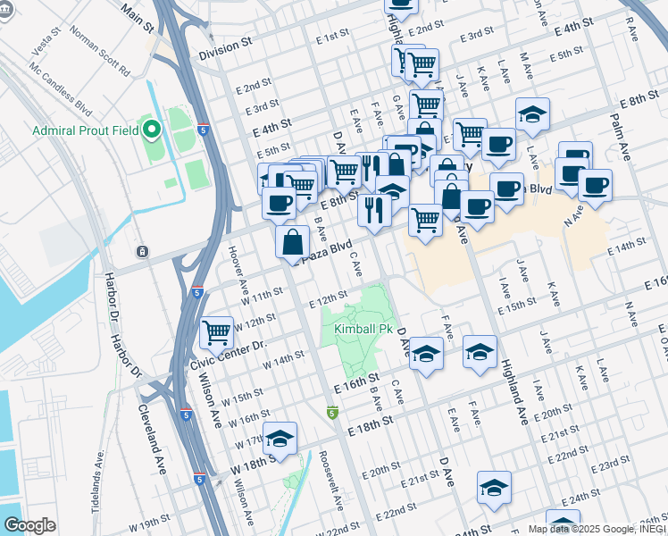 map of restaurants, bars, coffee shops, grocery stores, and more near 1024 C Avenue in National City