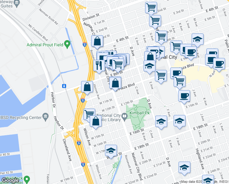 map of restaurants, bars, coffee shops, grocery stores, and more near in National City