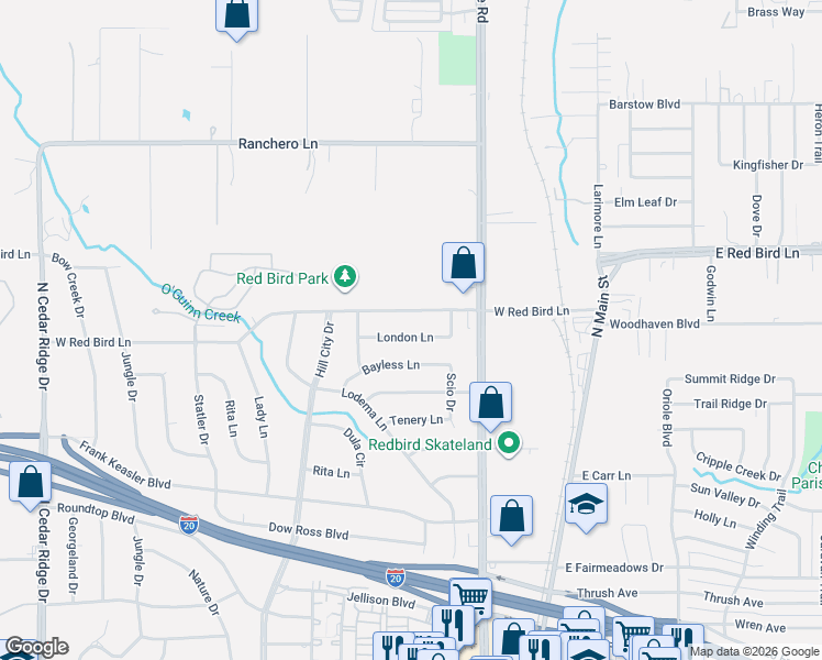 map of restaurants, bars, coffee shops, grocery stores, and more near 334 East Red Bird Lane in Duncanville