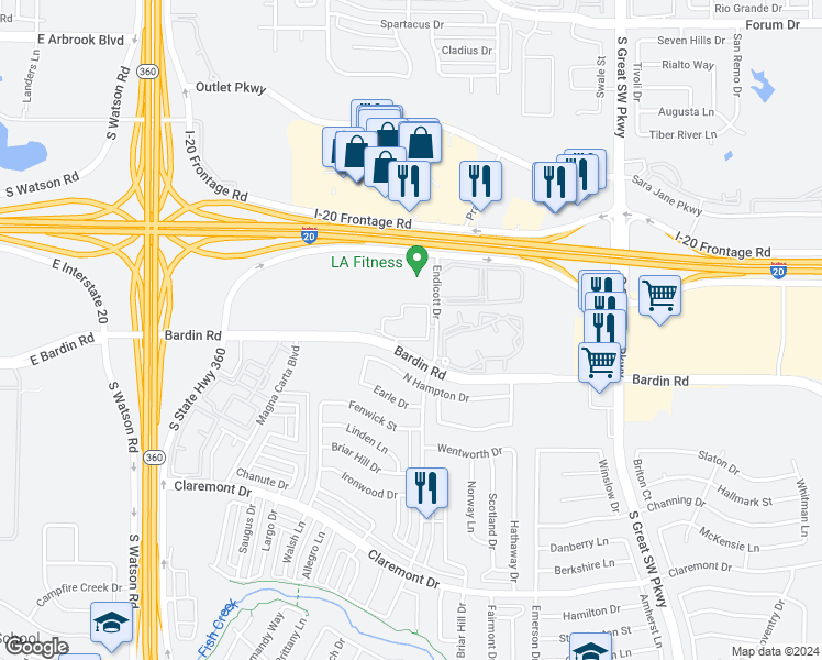 map of restaurants, bars, coffee shops, grocery stores, and more near 3000 Bardin Road in Grand Prairie