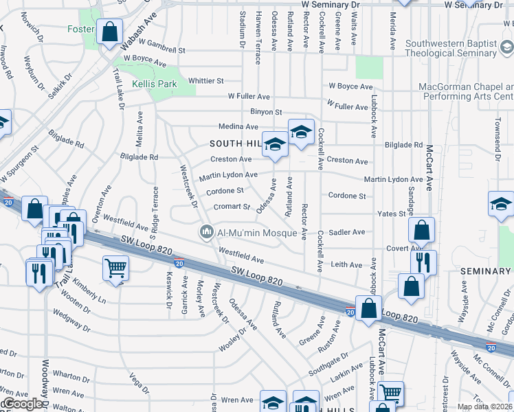map of restaurants, bars, coffee shops, grocery stores, and more near 4921 Stadium Drive in Fort Worth
