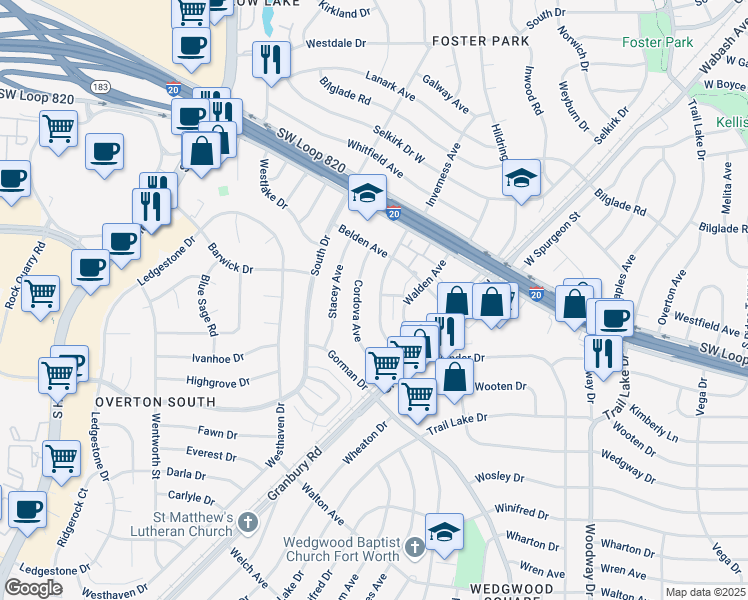 map of restaurants, bars, coffee shops, grocery stores, and more near 4918 Inverness Avenue in Fort Worth
