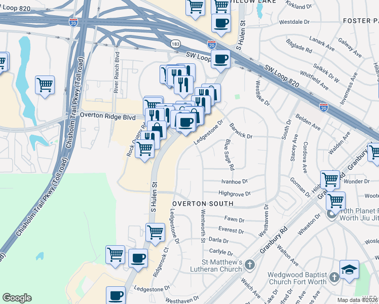 map of restaurants, bars, coffee shops, grocery stores, and more near 5103 Ledgestone Drive in Fort Worth
