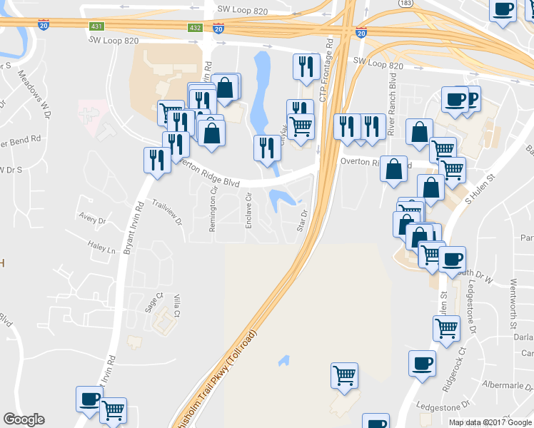 map of restaurants, bars, coffee shops, grocery stores, and more near 5406 Ledgestone Drive in Fort Worth