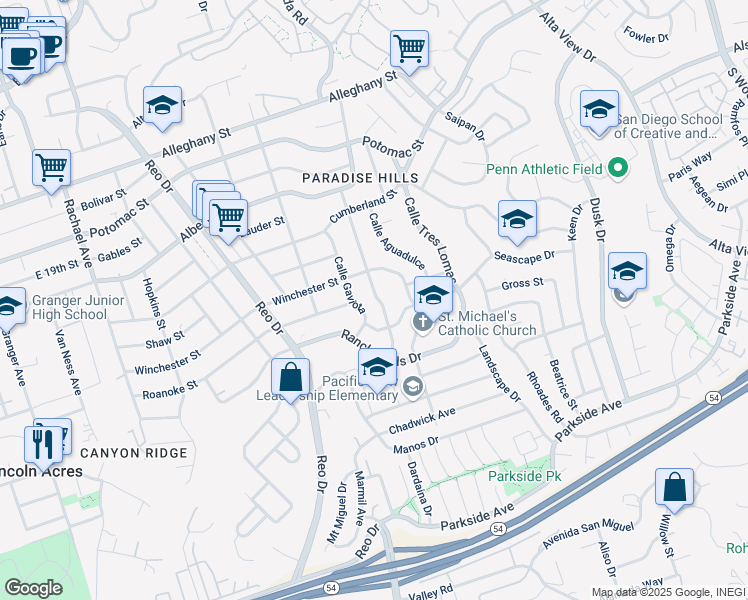 map of restaurants, bars, coffee shops, grocery stores, and more near 2516 Calle Serena in San Diego