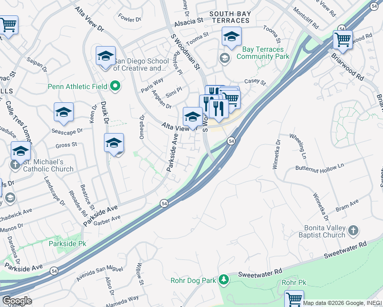 map of restaurants, bars, coffee shops, grocery stores, and more near 2838 Alta View Drive in San Diego