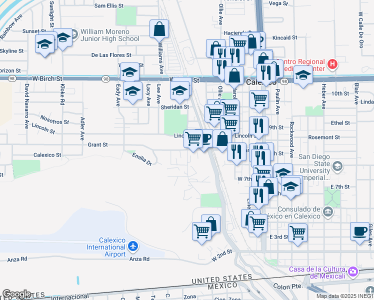 map of restaurants, bars, coffee shops, grocery stores, and more near Pierce Avenue in Calexico