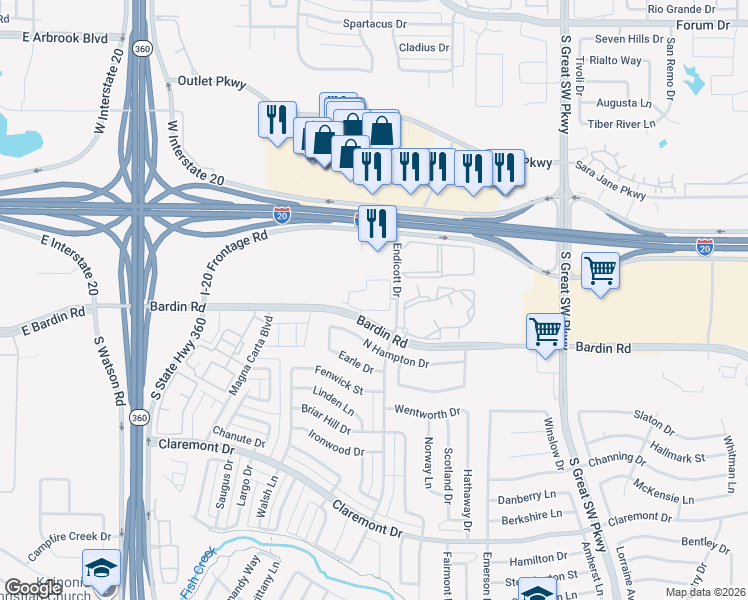 map of restaurants, bars, coffee shops, grocery stores, and more near 3000 Bardin Road in Grand Prairie