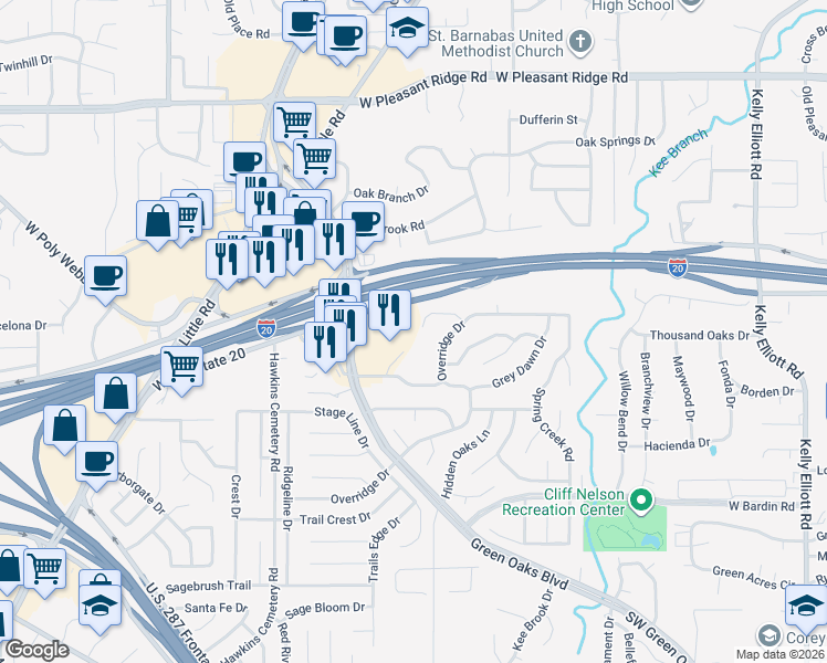 map of restaurants, bars, coffee shops, grocery stores, and more near 5781 Southwest Green Oaks Boulevard in Arlington