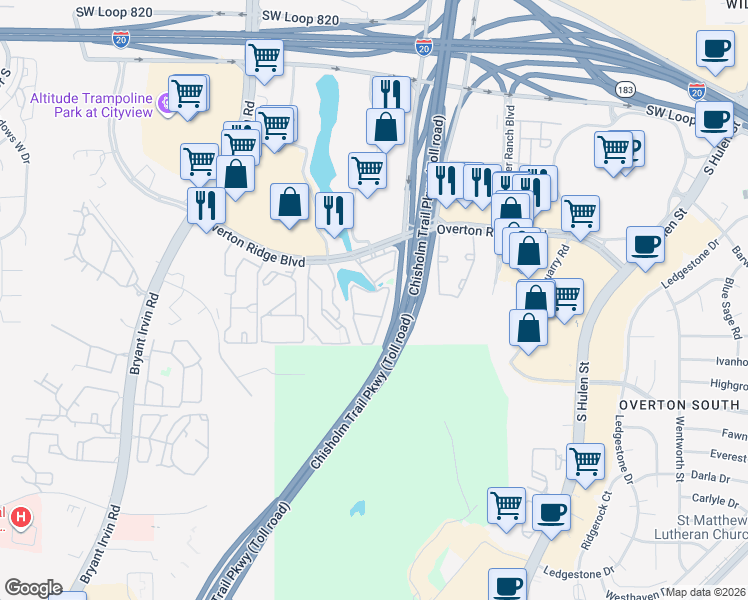 map of restaurants, bars, coffee shops, grocery stores, and more near 5301 Overton Ridge Boulevard in Fort Worth