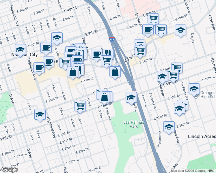 map of restaurants, bars, coffee shops, grocery stores, and more near 1545 Q Avenue in National City