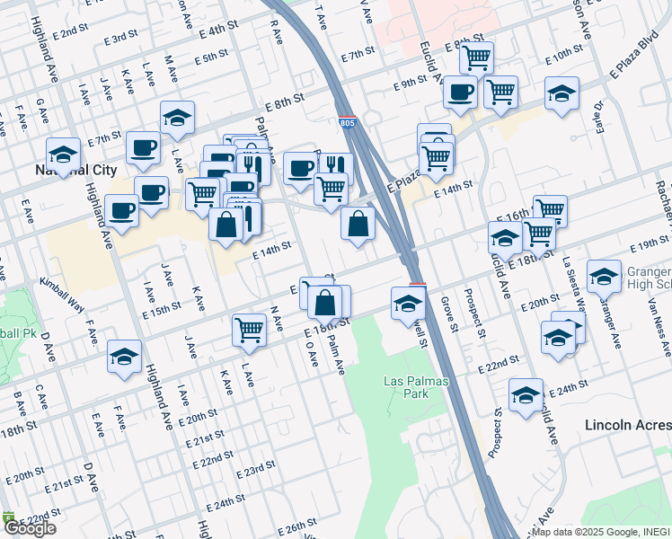 map of restaurants, bars, coffee shops, grocery stores, and more near 1545 Q Avenue in National City