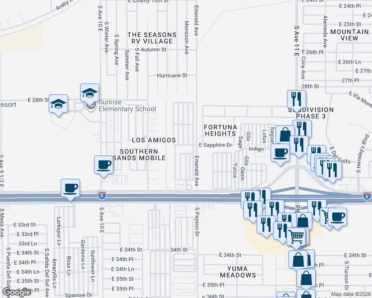 map of restaurants, bars, coffee shops, grocery stores, and more near 10666 South Emerald Avenue in Yuma