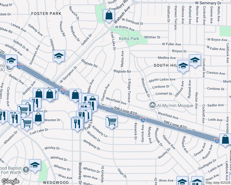 map of restaurants, bars, coffee shops, grocery stores, and more near 4908 Vega Court West in Fort Worth
