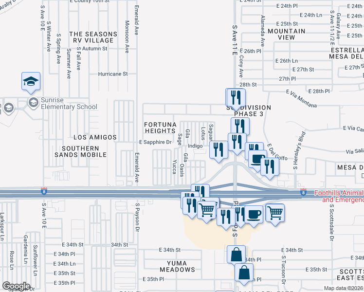 map of restaurants, bars, coffee shops, grocery stores, and more near Oasis in Yuma