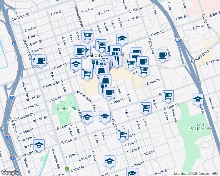 map of restaurants, bars, coffee shops, grocery stores, and more near 845 East 13th Street in National City