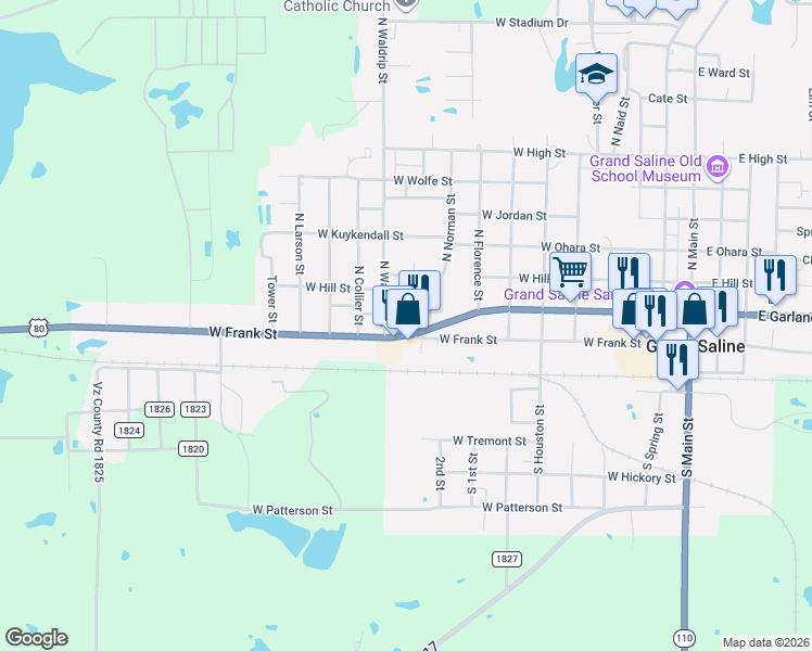 map of restaurants, bars, coffee shops, grocery stores, and more near 918 West Garland Street in Grand Saline