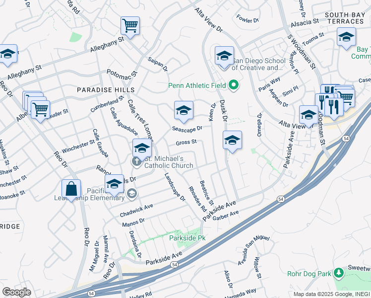 map of restaurants, bars, coffee shops, grocery stores, and more near 6352 Clyde Avenue in San Diego