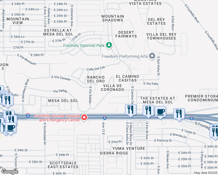map of restaurants, bars, coffee shops, grocery stores, and more near 12172 East Via Loma Vista in Yuma
