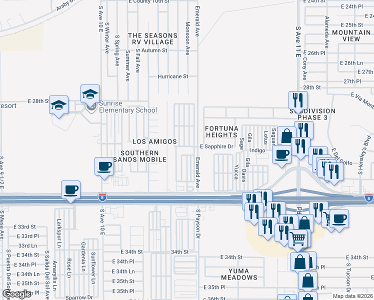 map of restaurants, bars, coffee shops, grocery stores, and more near 10666 South Emerald Avenue in Yuma