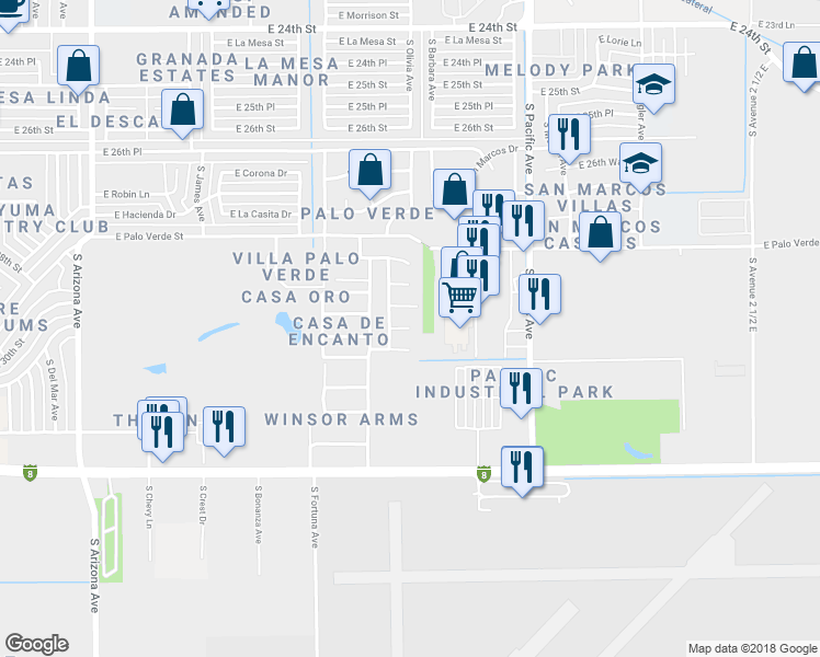map of restaurants, bars, coffee shops, grocery stores, and more near 1699 East La Jolla Court in Yuma