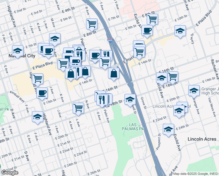 map of restaurants, bars, coffee shops, grocery stores, and more near 1717 East 16th Street in National City