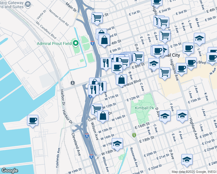 map of restaurants, bars, coffee shops, grocery stores, and more near 900 Roosevelt Avenue in National City