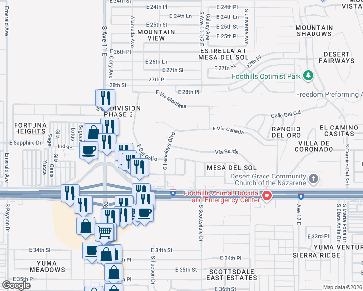 map of restaurants, bars, coffee shops, grocery stores, and more near 11416 East Vía Salida in Yuma