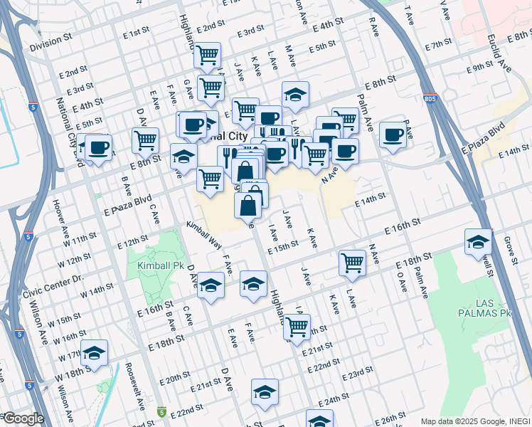map of restaurants, bars, coffee shops, grocery stores, and more near 845 East 13th Street in National City