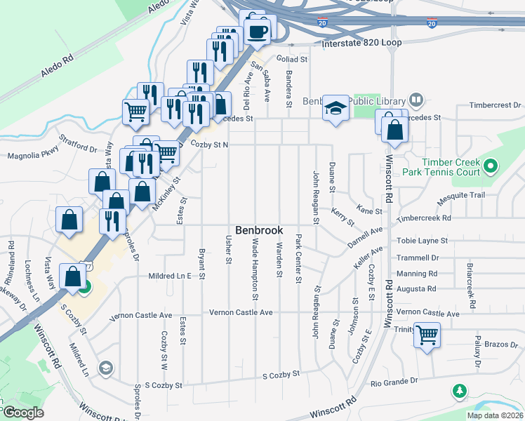 map of restaurants, bars, coffee shops, grocery stores, and more near 1026 Wade Hampton Street in Benbrook