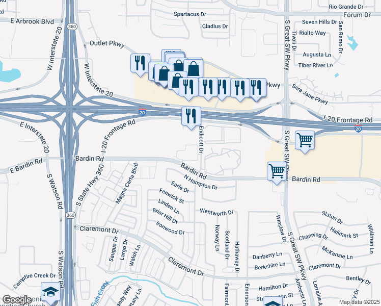 map of restaurants, bars, coffee shops, grocery stores, and more near 3000 Bardin Road in Grand Prairie