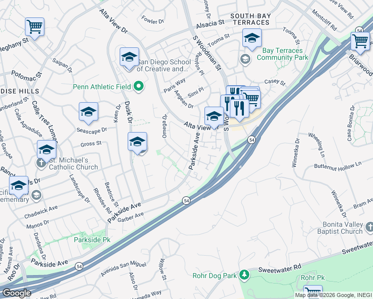 map of restaurants, bars, coffee shops, grocery stores, and more near 6824 Camphor Lane in San Diego