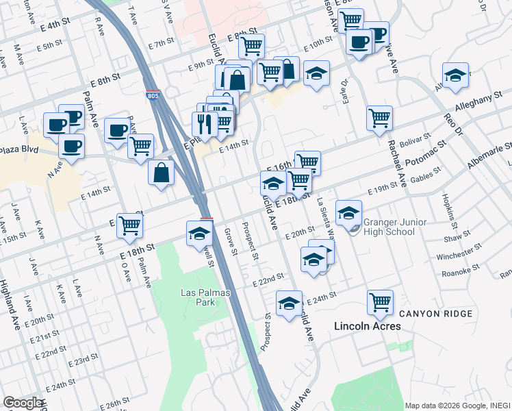 map of restaurants, bars, coffee shops, grocery stores, and more near 1722 Orange Street in National City