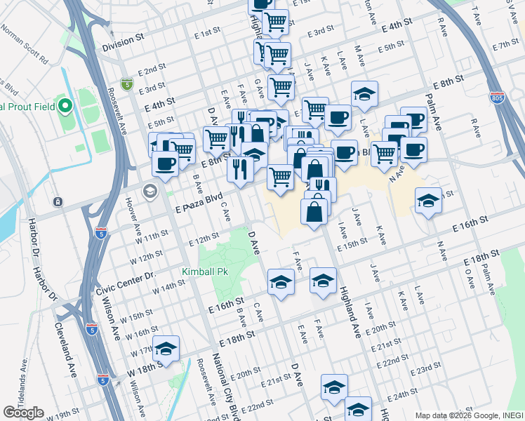 map of restaurants, bars, coffee shops, grocery stores, and more near 1047 E Avenue in National City