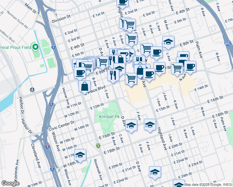 map of restaurants, bars, coffee shops, grocery stores, and more near 1038 D Avenue in National City