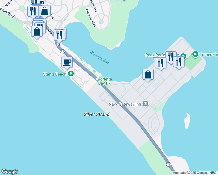 map of restaurants, bars, coffee shops, grocery stores, and more near 1985 Strand Way in Coronado