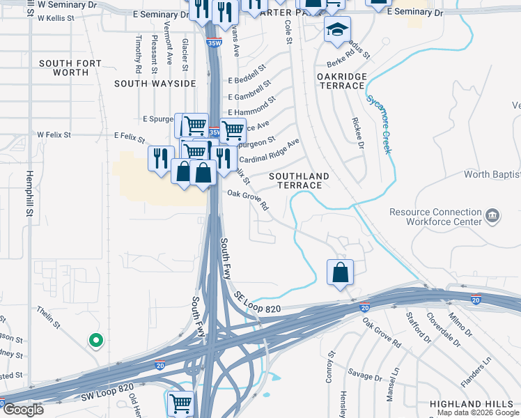 map of restaurants, bars, coffee shops, grocery stores, and more near 1001 Oak Grove Road in Fort Worth