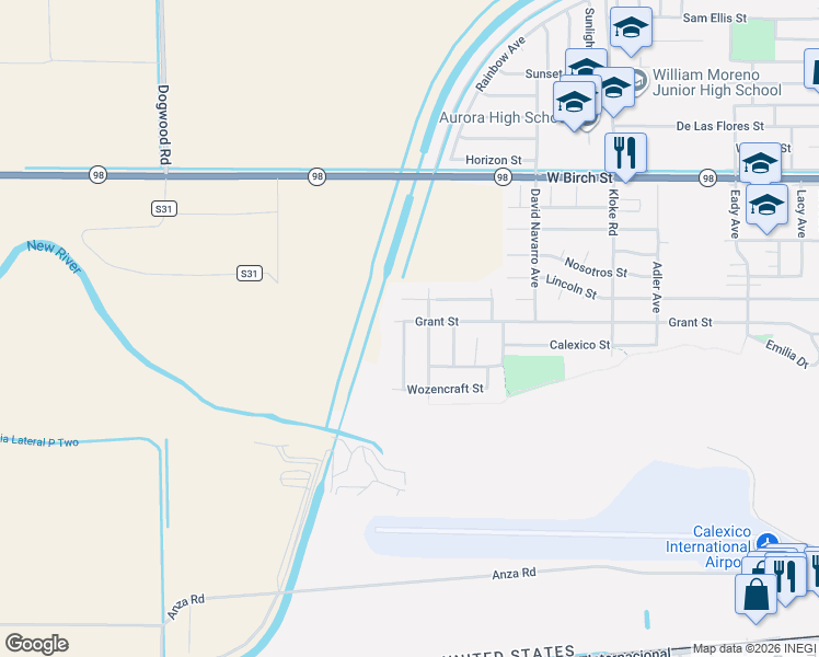 map of restaurants, bars, coffee shops, grocery stores, and more near 1075-1099 Grant St in Calexico