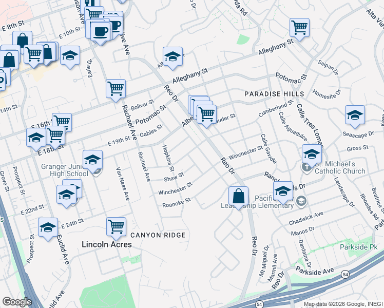 map of restaurants, bars, coffee shops, grocery stores, and more near 5774 Cumberland Street in San Diego