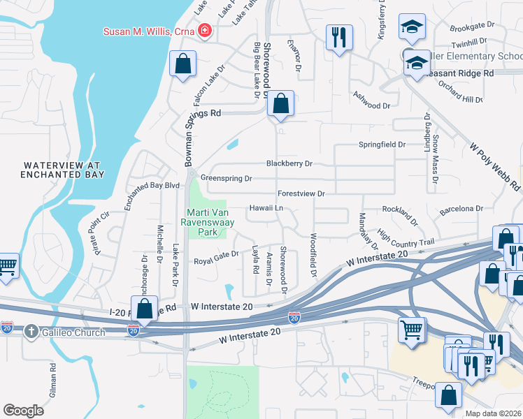map of restaurants, bars, coffee shops, grocery stores, and more near 7001 Hawaii Lane in Arlington