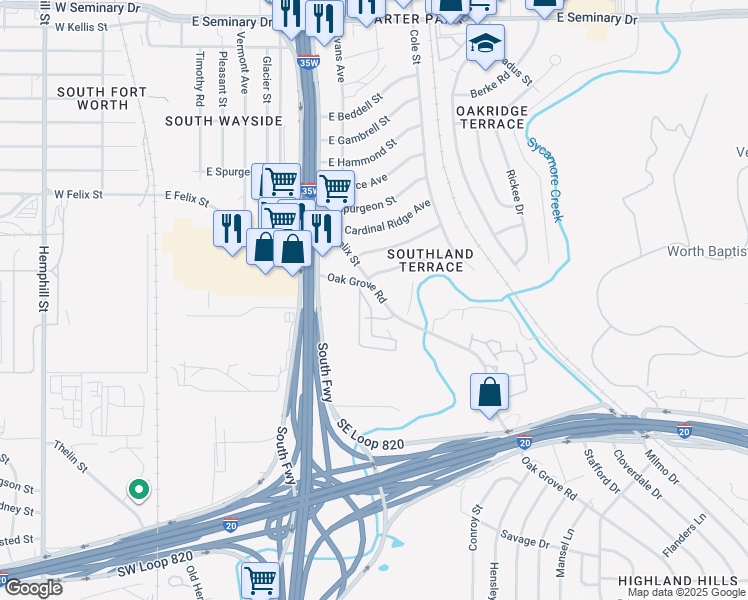 map of restaurants, bars, coffee shops, grocery stores, and more near 1001 Oak Grove Road in Fort Worth