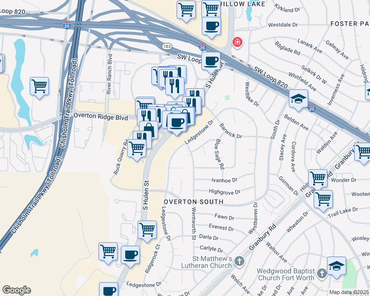 map of restaurants, bars, coffee shops, grocery stores, and more near 5103 Ledgestone Drive in Fort Worth