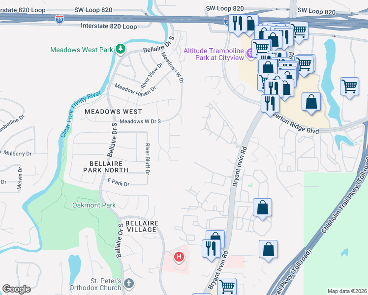 map of restaurants, bars, coffee shops, grocery stores, and more near 6501 Briarcrest Court in Fort Worth