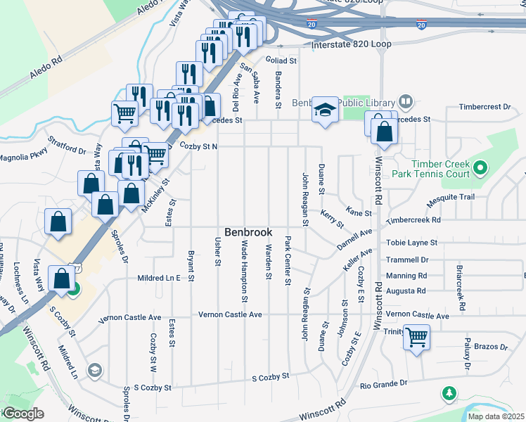 map of restaurants, bars, coffee shops, grocery stores, and more near 1028 Warden Street in Benbrook