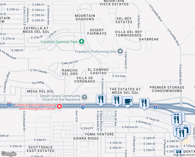 map of restaurants, bars, coffee shops, grocery stores, and more near 10688 South Camio Del Sol in Yuma