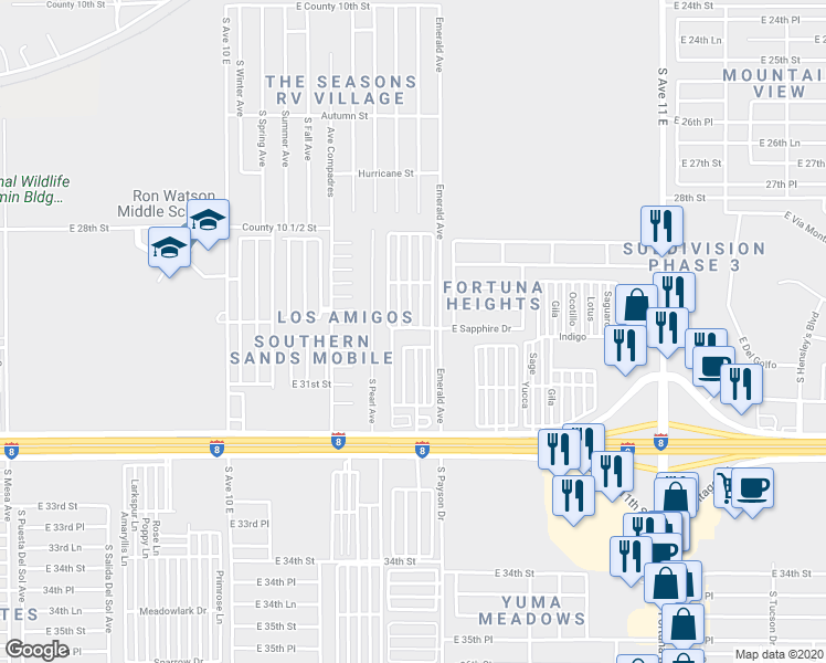 map of restaurants, bars, coffee shops, grocery stores, and more near 10442 North Frontage Road in Yuma