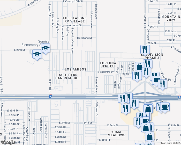 map of restaurants, bars, coffee shops, grocery stores, and more near 10746 South Pearl Avenue in Yuma