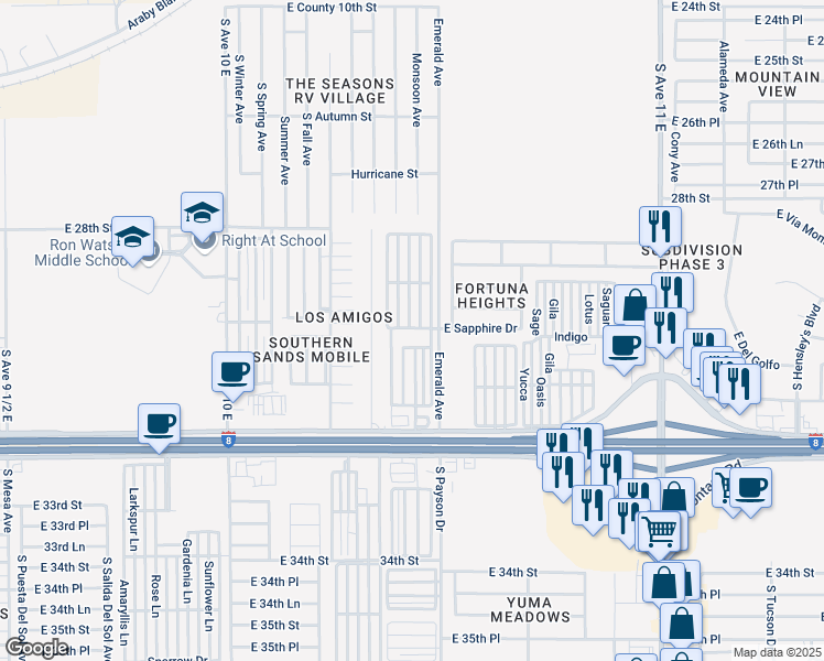 map of restaurants, bars, coffee shops, grocery stores, and more near 10746 South Pearl Avenue in Yuma