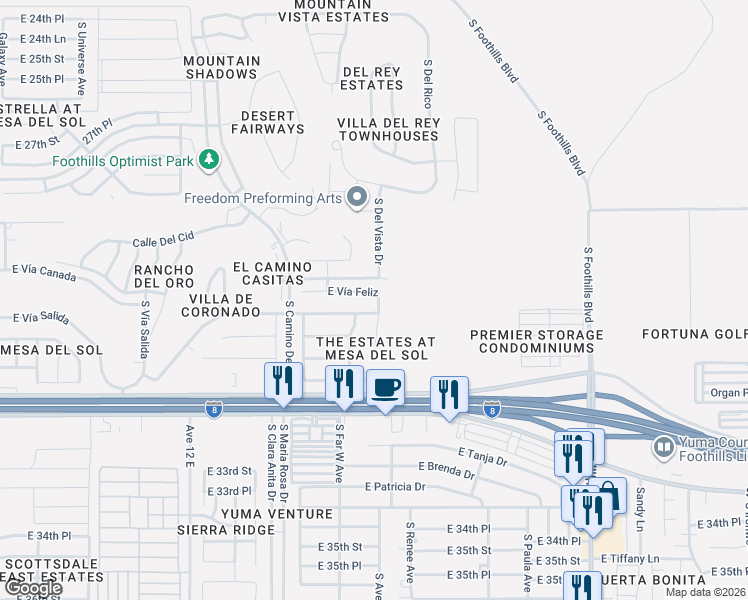 map of restaurants, bars, coffee shops, grocery stores, and more near 10677 South Del Rio in Yuma