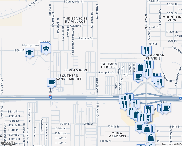 map of restaurants, bars, coffee shops, grocery stores, and more near 10746 South Pearl Avenue in Yuma